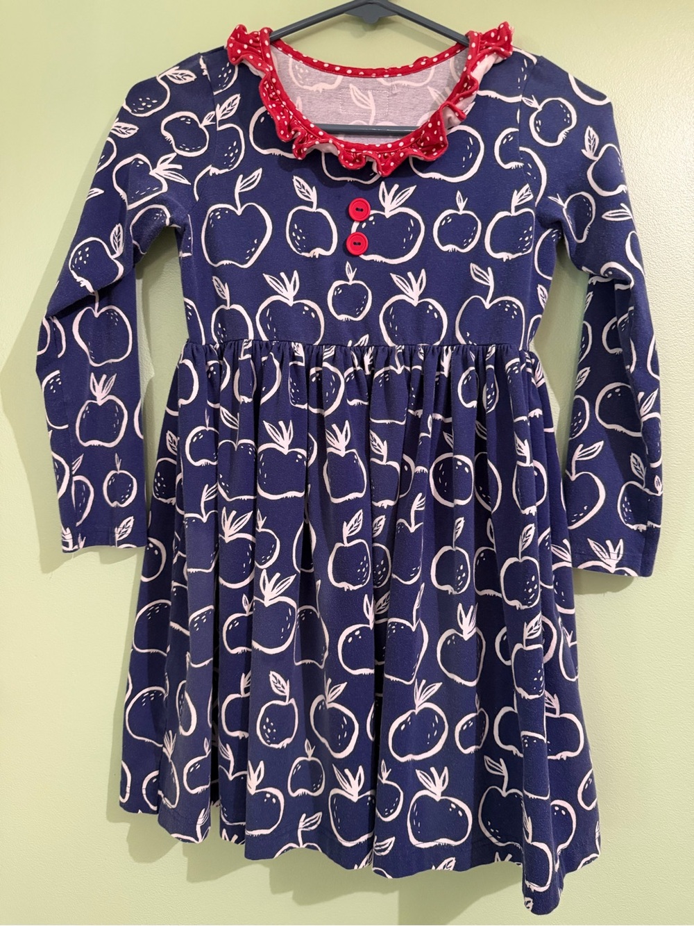 Eleanor Rose Navy Apple Print Heather Dress with Ruffled Collar Girls 10 12